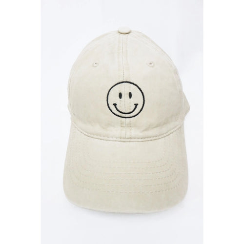 Cream smiley face embroidered baseball cap in washed cotton, adjustable strap, minimalist street style hat.