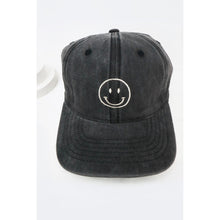 Load image into Gallery viewer, black washed cotton baseball cap with black embroidered smiley face, perfect for gifting and everyday wear.
